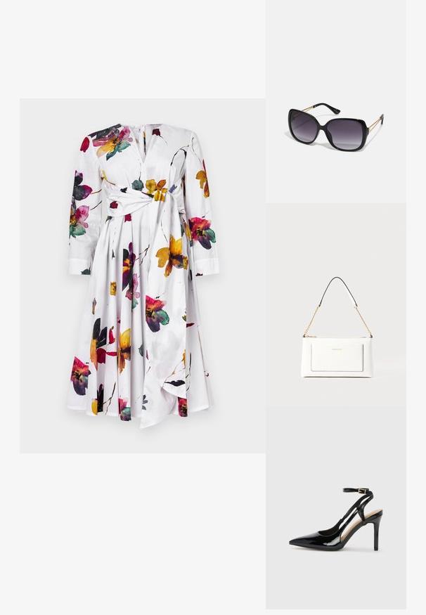 Balta suknelė ilgomis rankovėmis, gėlių raštas purpurinės, geltonos ir raudonos spalvų. Pasižymi surišimu juosmens srityje ir plačia suknele.; Juodas patentuotas odinis aukštakulnis batelis su siauru pirštu, reguliuojama kulkšnies juosta ir atvirais šonais. Lygi tekstūra.; Juodos didelės saulės akinių su pereinamais objektyvais, storomis rėmeliais ir auksinės spalvos grandinėmis ant šventyklų.; Balta odinė rankinė su tekstūruotu paviršiumi, turinti auksinį grandinėlės dirželį ir juodas detales. Įskaičiuota priekinė kišenė ir užtrauktuko uždarymas.