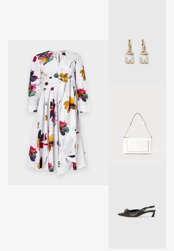 Weißes Kleid mit langen Ärmeln, Blumenmuster in Lila, Gelb und Rot. Verfügt über ein geknotetes Taillendetail und einen ausgestellten Rock.; Schwarzer Leder Slingback-Schuh mit spitzer Zehenform, kleinem Absatz und dekorativem Schnallen-Detail auf dem Obermaterial. Glatte Textur, minimalistisches Design.; Weißes Lederhandtasche mit strukturierter Oberfläche, ausgestattet mit einem goldenen Kettenriemen und schwarzen Akzenten. Enthält eine Fronttasche und einen Reißverschluss.; Ohrringe in Goldfarbe mit einem rechteckigen, durchsichtigen Kristall, der unter einer Reihe kleiner, runder klarer Akzente hängt. Elegantes, modernes Design.