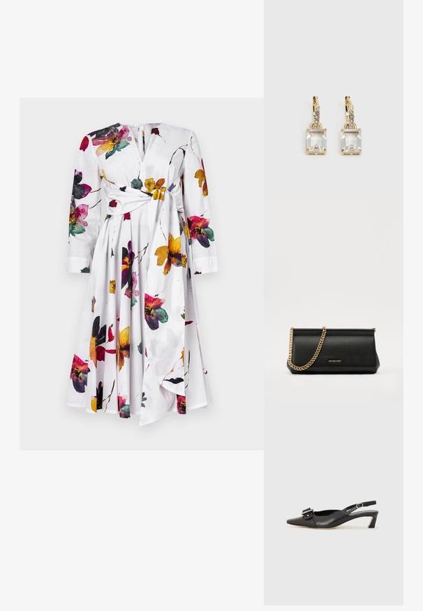 Bela obleka z dolgimi rokavi, cvetlični vzorec v vijolični, rumeni in rdeči barvi. Ima vozel v pasu in široko krilo.; Črne usnjene slingback čevlje z ostrim nosom, majhnim petam in dekorativno sponko na zgornjem delu. Gladka tekstura, minimalistična zasnova.; Črna usnjena torbica z zlatim verižnim trakom, z gladko teksturo, pravokotno obliko in embosiranim logotipom spredaj.; Zlato obarvani uhani, ki vsebujejo pravokoten, prozoren kristal, obešen pod vrsto majhnih, okroglih prozornih dodatkov. Elegantna, moderna zasnova.