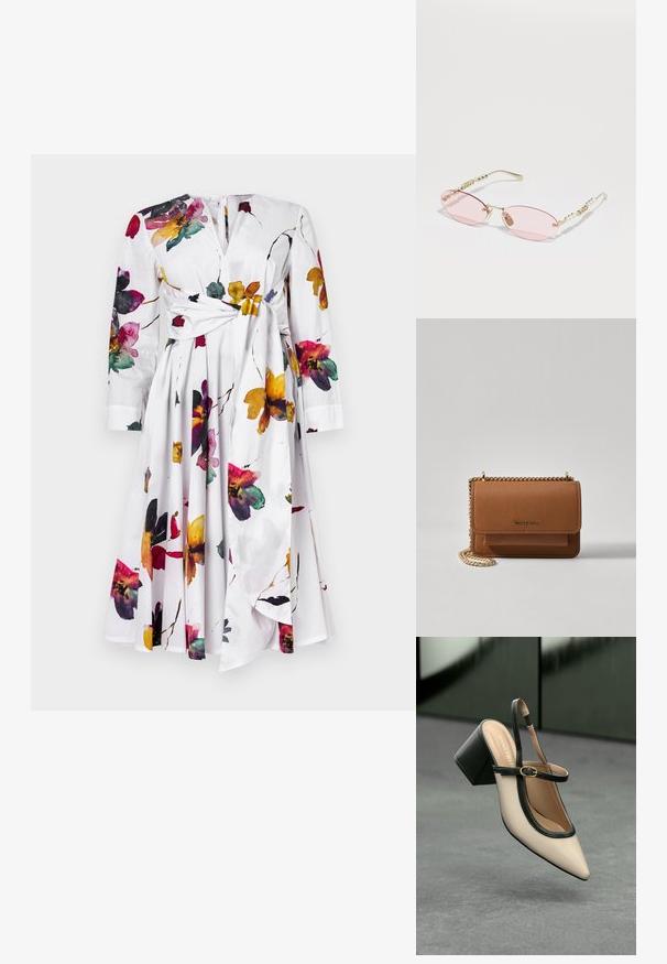 Bílé šaty s dlouhými rukávy, květinový vzor v purpurové, žluté a červené barvě. Mají detail uzlu v pase a rozšířenou sukni.; Beige boty s špičatou špičkou a otevřenou patou, černými detaily, zlatou přezkou a silným blokovým podpatkem, na šedé podlaze s tmavě zeleným pozadím.; Gucci Sluneční brýle - gold-coloured/pink; Hnědá texturovaná kožená kabelka přes rameno se zlatým řetízkovým popruhem a klopnovým uzavíráním. Přední strana obsahuje detail loga a kapsu pod klopou.