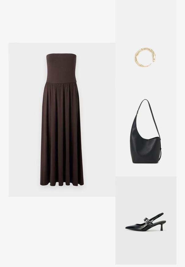 Utan axelband lång brun maxikjol gjord av mjukt tyg, med en figurnära bodice och en flödande, rynkad kjol för enkel rörelse.; Svarta patentläder slingback-klackar med spetsig tå och en liten blockklack, med en silvrig spänneaccent på remmen.; Svart läder hobo-väska med en slät textur, kurvig form och en justerbar axelrem; har en bred öppning upptill.; Ring i guldutförande med en organisk, vriden design, slät yta och avsmalnande ändar, vilket ger ett modernt, skulpturalt utseende.