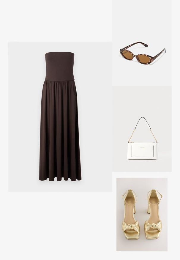 Brezramni rjav maxi obleko, izdelano iz mehkega materiala, z oprijetim korzetom in prosto padajočo, nabrančno krilo za udobne gibe.; Zlate sandale s peto, ki imajo dizajn zavezane, naborke na traku, kvadratnim prstom in trakcem okoli gležnja z metalnim sijajem. Gladek tekstura, blok peto.; Želve sončne očala z ovalnimi lečami, rjave tonirane, tanke ročice z teksturiranim vzorcem, lahka plastična okvir.; Bela usnjena torbica z teksturirano površino, ki vključuje zlat pas in črne detajle. Ima sprednji žep in zadrgo.