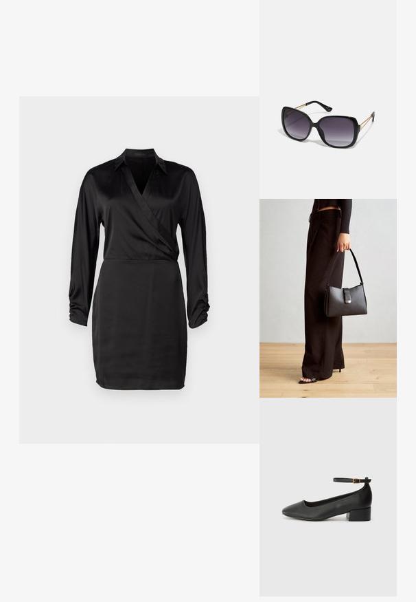 Fekete selyem anyagú, hosszú ujjú, V-nyakú ruha, ráncolt mandzsettával. Simasága és testhezálló fazonja tovább fokozza eleganciáját.; Fekete bőr magassarkú cipő hegyes orral és alacsony tömb sarkal. Bokapánttal rendelkezik, aranyszínű csattal. Simább textúra.; Fekete, oversize napszemüveg fokozatos árnyalatú lencsékkel, vastag kerettel és arany színű lánc díszítéssel a szárakon.; Fekete kézi táska strukturált formával, sima textúrával és fémből készült záródással. Széles fekete nadrággal és nyitott orrú szandállal párosítva, fából készült padlón.