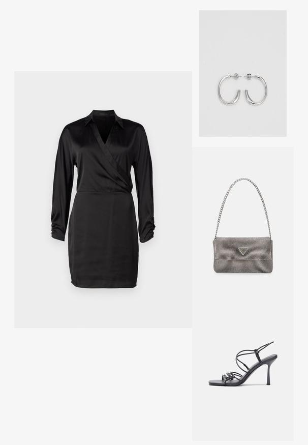 Melnas satīna apģērba kleita ar garām piedurknēm, V veida kakla izgriezumu un ručām pie piedurknēm. Gluda tekstūra un pieguļošs siluets uzsver tās eleganto dizainu.; Melnas augstpapēžu sandales ar plāniem siksniņām un mezgla dizainu, gluda kvadrātveida purngalu un elegantu stiletto papēdi.; Gaiši pelēka metāla rokassoma ar ķēdes siksnu, rotāta ar mazām apaļām metāla kniedēm un trīsstūra zīmola logo.; Sudraba riņķveida auskari ar gludu, spīdīgu apdari. Apaļas formas, viegla dizaina, ar aizdari uz stieples.