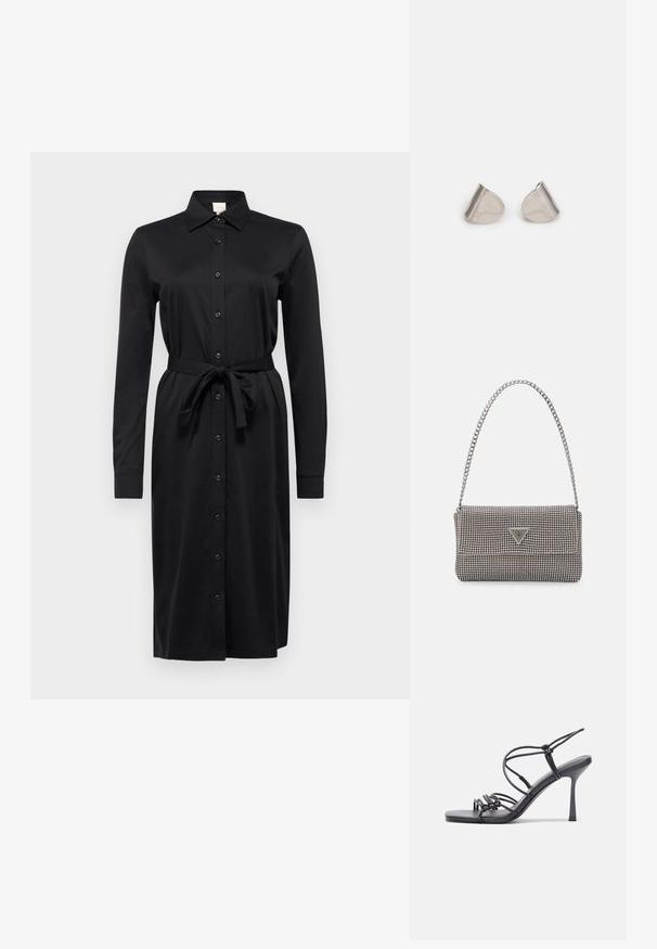 Calvin Klein SHIRT DRESS - Vestido camiseiro - black; As sandálias de salto alto pretas apresentam tiras finas com um design em nó, uma biqueira quadrada lisa e um elegante salto agulha.; Bolsa metálica cinza claro com uma alça de corrente, adornada com pequenos rebites metálicos circulares e um logótipo triangular da marca.; Brincos de metal prateado com uma forma suave de gota e um acabamento polido. Gravações subtis adicionam detalhe. Design minimalista.