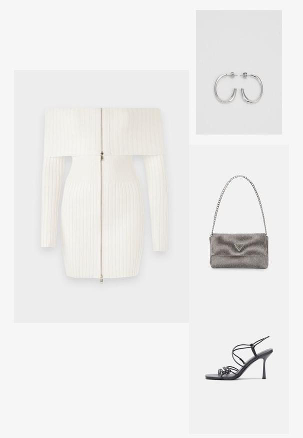 Balta ribota kleita bez plecu ar garām piedurknēm, ar priekšpusi aizdari un pieguļošu siluetu. Mīksta, elastīga auduma.; Melnas augstpapēžu sandales ar plāniem siksniņām un mezgla dizainu, gluda kvadrātveida purngalu un elegantu stiletto papēdi.; Gaiši pelēka metāla rokassoma ar ķēdes siksnu, rotāta ar mazām apaļām metāla kniedēm un trīsstūra zīmola logo.; Sudraba stīpas auskari ar gludu, spīdīgu virsmu, izceļas ar izliektaveida formu un aizdari ar tapu. Minimālistisks dizains ar mūsdienīgu apdari.
