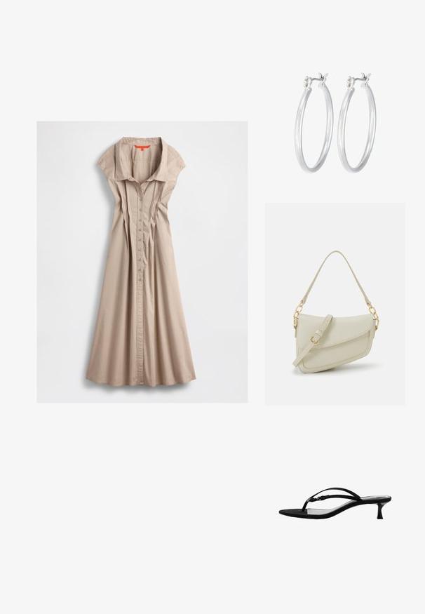 Beige katoenen jurk met een kraag, korte mouwen, een knoopsluiting aan de voorkant en geplooide details die uitlopen naar de zoom.; Mango Teensandalen - black; Kleine crèmekleurige handtas met een textuurafwerking, een lange verstelbare schouderband, een kettingaccent en een klepsluiting. Gouden hardware-details.; Zilveren oorbellen in de vorm van een gladde, gepolijste ring. Ronde vorm met een veilige kliksluiting. Lichtgewicht ontwerp, geschikt voor dagelijks gebruik.
