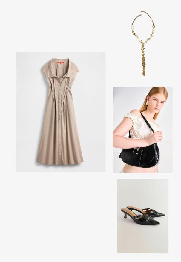 Beige Baumwollkleid mit Kragen, kurzen Ärmeln, durchgehender Knopfleiste und Falten-Details, das am Saum ausgestellt ist.; Schwarze Leder-Slingback-Absätze mit spitzen Zehen, ausgestattet mit dekorativen Riemen und Ösen-Akzenten, auf einem moderaten Stiletto-Absatz. Glatte Textur.; Schwarze Schultertasche aus Leder mit einer geschwungenen Form, polierten silbernen Beschlägen und einem abnehmbaren Anhänger. Glatte Textur mit dezenten Steppnähten.; Halskette aus goldfarbenem Metall mit unregelmäßig strukturierten Gliedern und einem Y-förmigen Anhänger, betont durch einen zentralen Anhänger, der gestapelten Münzen ähnelt.