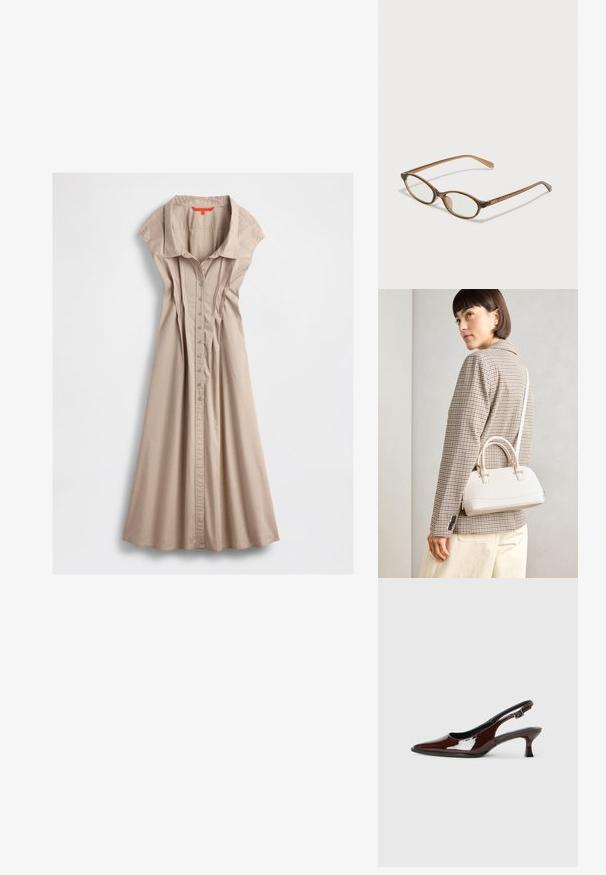Beež puuvillane kleit, millel on krae, lühikesed varrukad, esiküljel nuppe kinnitav sulg ja volditud detailid, mis laienevad äärde.; Pruun patentnahast slingback tossud terava nina ja mõõduka kandega. Omab pandla rihma kindla istuvuse tagamiseks. Sile tekstuur.; Pruunid kilpkonnaläätsed ovaalsete objektiividega, õhukesed kaared ja läbipaistvad aktsendid. Templi peal on peene logoga. Sujuv, kergesti kandmiseks mõeldud disain.; Valge struktureeritud käekott lühikeste käepidemete ja õlavööga, millel on kuldse riistvara aktsendid ja tekstuuriga materjal, eksponeeritud halli taustal.