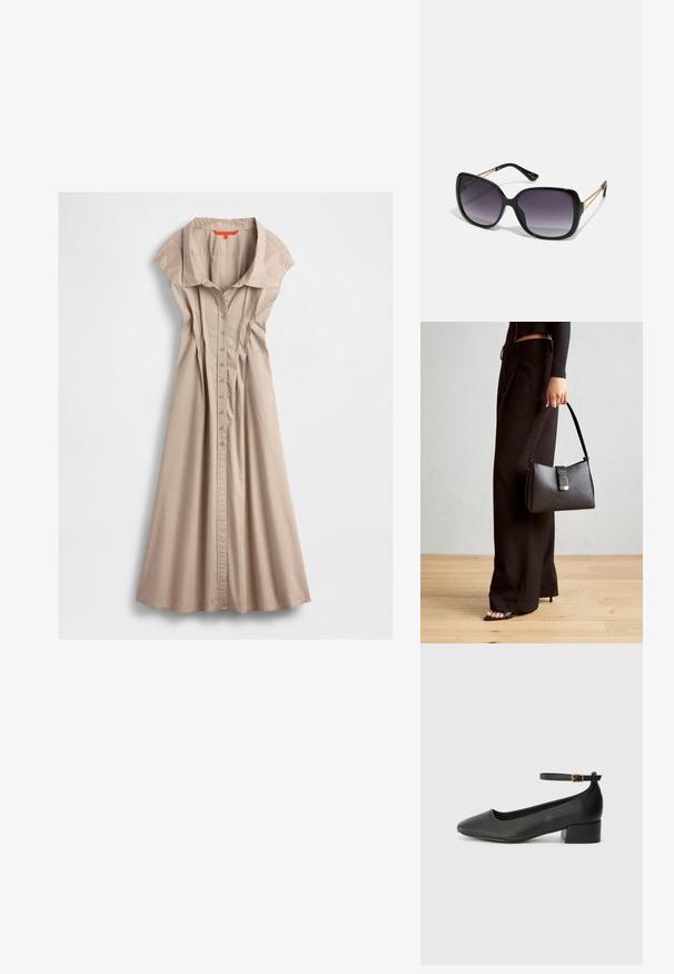 Beige bomulds kjole med krave, korte ærmer, knaplukning foran og plisseringer, der udvider sig mod kanten.; Sorte læderpumper med spids tå og en lav blokhæl. Har en ankelrem med en guldfarvet spænde. Glat tekstur.; Sorte oversized solbriller med gradientlinser, tykke stel og guldfarvet kæde detaljer på tempelarmene.; Sort håndtaske med struktureret form, glat overflade og metalspænde. Sammen med brede sorte bukser og sandaler med åben tå på trægulv.