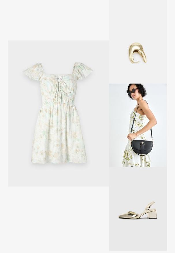 Hollister Co. Flutter Sleeve Double-Tie Skort Dress - Kasdienė suknelė - yellow; Auksiniai, metaliniai slingback aukštakulniai bateliai su smailiu pirštu ir masyviu kulnu. Lygus paviršius, minimalizmo dizainas ir siaura juostelė.; Juodas odinis krepšys su išlenkta forma, nuimamu dirželiu ir auksiniais detalėmis. Krepšys turi kilpą su sagtimi.; Aukso tono metalinės auskarai su stilingu, kreiviu dizainu. Išsiskiria ryškiu smailiu pavidalu, poliruota paviršiumi ir užsegimu su vyriu.