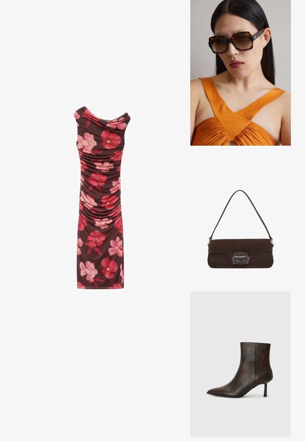 Rüschendes Blumen Kleid mit braunem Hintergrund, das große rosa und rote Blumen zeigt. Es hat einen Schalkragen und ein figurbetontes Design.; Braune Leder-Ankle-Boots mit spitzer Zehe, schlankem Design und dünnem schwarzen Absatz. Texturierte Oberfläche mit einem subtilen Muster.; Braune Schildkrötensonnenbrille im Übergrößenformat mit einem breiten rechteckigen Rahmen und gefärbten Gläsern. Goldfarbenes Logo-Detail an der Seite.; Braune Wildleder-Handtasche mit einem langen Ledertrageriemen, silberner Hardware, rechteckiger Form und einem flachen Deckel mit einer zentralen Verzierung.