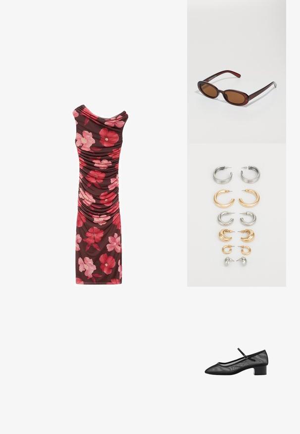 Gerimpelde bloemenjurk met een bruine achtergrond, versierd met grote roze en rode bloemen. Het heeft een boothals en een slank pasvorm ontwerp.; Zwarte mesh pump met een spitse neus, kleine blokhak en een bandje rond de enkel. Kenmerkt zich door een gladde textuur en een minimalistisch ontwerp.; Ronde, bruin getinte zonnebril met een glanzend bordeauxrood frame. Slanke pootjes met subtiele merkdetails. Vlakke lensontwerp.; Set van acht metalen oorbellen in zilver- en gouddoor. Inclusief verschillende stijl van hoepels, texturen en afwerkingen, gerangschikt op grootte.