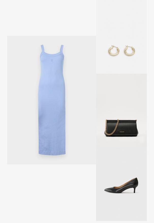 Világoskék, ujjatlan, bordázott anyagú ruha, testhez simuló sziluettel, kerek nyakkivágással és állítható pántokkal.; Fekete bőrpumpa hegyes orral, alacsony sarokkal és sima felülettel. Elöl enyhe nyílással rendelkezik, hátul pedig minimális részletezéssel.; Fekete bőr kisméretű táska arany lánccal, sima felülettel, téglalap alakú, és dombornyomott márkázással az elején.; Lauren Ralph Lauren BASIC SMALL HOOP - Fülbevalók - gold-coloured