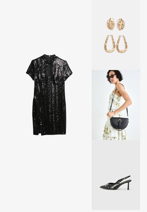 Robe noire ornée de sequins, dotée d'un col haut, de manches courtes et d'un détail en trou de serrure à l'avant, avec une légère fente au bas.; Chaussure slingback en cuir verni noir avec un embout pointu, des brides de cheville avec des boucles en argent et des éléments en métal, et un talon fin.; Sac à main en cuir noir avec une forme courbée, bandoulière amovible et des accessoires en or. Le sac est doté d'un rabat avec un détail de boucle.; Boucles d'oreilles dorées présentant des formes texturées et ondulées. Comprend des clips sculpturaux et un design de créoles ouvertes avec une finition martelée.