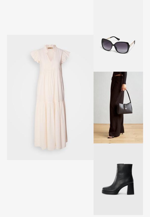 Világos bézs pamut maxi ruha, fodros gallérral és rövid ujjakkal, réteges szoknyával és textúrált anyaggal.; Fekete bőr bokacsizma tömbsarkal és platform talppal, oldalról nézve, sima fehér háttéren.; Fekete, oversize napszemüveg fokozatos árnyalatú lencsékkel, vastag kerettel és arany színű lánc díszítéssel a szárakon.; Fekete kézi táska strukturált formával, sima textúrával és fémből készült záródással. Széles fekete nadrággal és nyitott orrú szandállal párosítva, fából készült padlón.