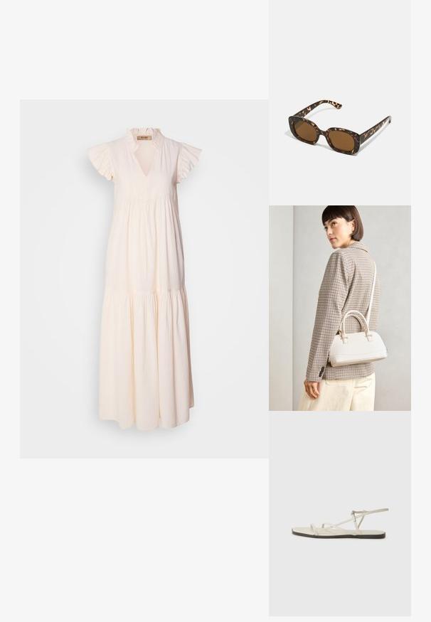 Vestido maxi em algodão bege claro, apresenta um colarinho com babados e mangas curtas, com um design de saia em camadas e tecido texturizado.; Sandália plana bege com várias tiras finas e uma fivela ajustável. A sola é plana com um leve contraste escuro na borda.; Óculos de sol tartaruga com uma armação redonda e robusta e lentes castanhas. Apresenta padrões subtis e hastes direitas e afinadas.; Bolsa estruturada branca com alças curtas e uma alça de ombro, com detalhes em hardware dourado e material texturizado, exibida contra um fundo cinza.
