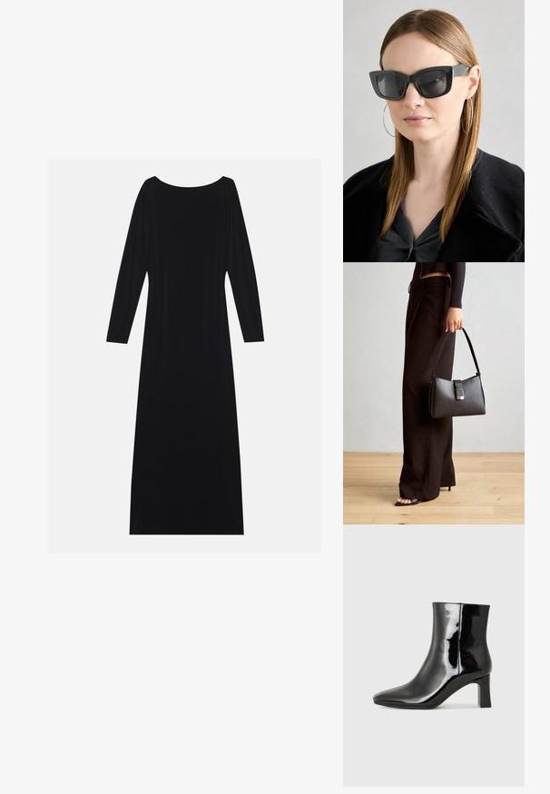 Fekete, hosszú ujjú ruha, mélyen kivágott nyakkal, puha anyagból készült. Zsákos fazonnal és minimalista kialakítással rendelkezik, minták nélkül.; Fekete lakk bőrcipő bokáig érő, hegyes orral és közepes magasságú tömbsarokkal. Simább textúrával és minimalista dizájnnal rendelkezik.; Fekete macskaszem napszemüveg sötét lencsékkel, vastag kerettel és diszkrét díszítésekkel. Fekete kabátot és szürke felsőt visel, hosszú egyenes hajjal.; Fekete kézi táska strukturált formával, sima textúrával és fémből készült záródással. Széles fekete nadrággal és nyitott orrú szandállal párosítva, fából készült padlón.