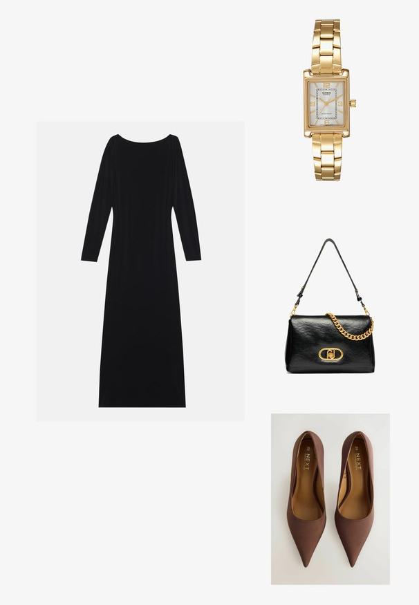Černé šaty s dlouhým rukávem a kulatým výstřihem, vyrobené z měkkého materiálu. Mají splývavou siluetu a minimalistický design bez vzorů.; Hnědé saténové lodičky se špičatou špičkou, hladkým povrchem, nízkým výstřihem a decentním logem na stélce. Velikost 6½ (40).; Černá kožená kabelka přes rameno s pomačkanou texturou, zlatým řetízkem jako doplňkem a výraznou zlatou sponou se oválným logem. Nastavitelný ramenní popruh.; Zlatý obdélníkový náramkový hodin s bílým ciferníkem, stříbrnými indexy a odolným kovovým náramkem. Obsahuje voděodolnou funkci.