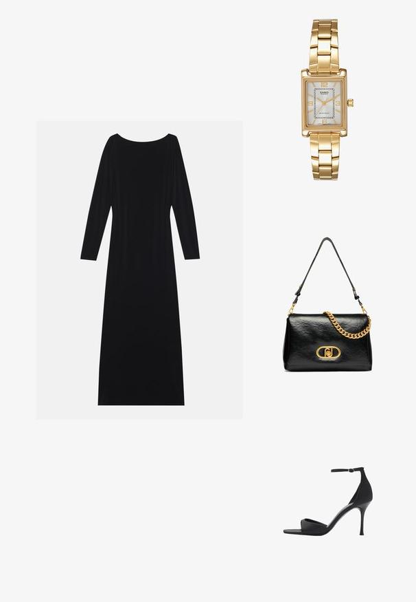 Černé šaty s dlouhým rukávem a kulatým výstřihem, vyrobené z měkkého materiálu. Mají splývavou siluetu a minimalistický design bez vzorů.; Mango Sandály na vysokém podpatku - black; Černá kožená kabelka přes rameno s pomačkanou texturou, zlatým řetízkem jako doplňkem a výraznou zlatou sponou se oválným logem. Nastavitelný ramenní popruh.; Zlatý obdélníkový náramkový hodin s bílým ciferníkem, stříbrnými indexy a odolným kovovým náramkem. Obsahuje voděodolnou funkci.