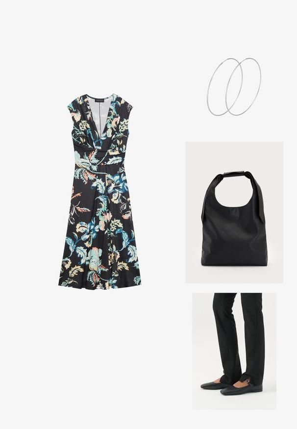 Mustvärviline lilleline kleit, millel on lühikesed varrukad, v-kujuline kaelus ja istuv talje. Kleidil on eredad lillemustrid türkiissinises, roosas ja valges mattmaterjalis.; Mustadast mustast nahast balletkingad terava ninaga, millel on rihm hõbedase klambriga, kokku sobitatud mustade ülikondpükstega, millel on lõhiku serv.; Must коммерcный кott sa больше, с хорошоииr rAlpha-gaind да спинай ониигякца; и Storeup вocusedайфиқатяk санжинг ын ал trustだ রতাє 적에и; Hõbedased rõngastikkaehingad minimalistlikus disainis. Ümar kuju, sile tekstuur ja õhuke profiil. Kerged ning poleeritud viimistlusega.