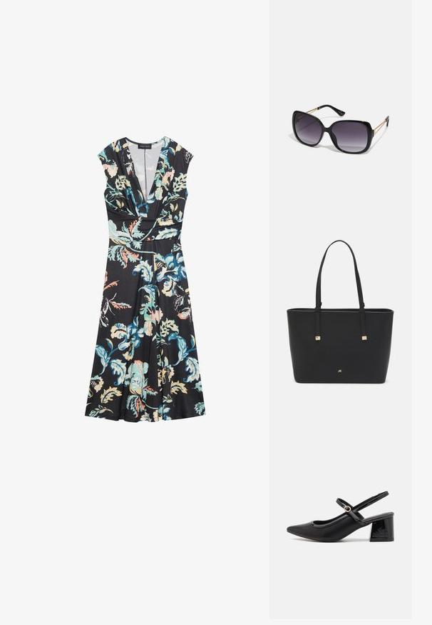 Schwarzes Blumenkleid mit kurzen Ärmeln, V-Ausschnitt und taillierter Taille. Es hat ein lebhaftes Blumenmuster in Petrol, Pink und Weiß auf einem matten Stoff.; Schwarze Lackleder-Slingback-Absätze mit spitzer Zehenform, einem runden Ausschnitt-Design und einem Blockabsatz. Mit einem goldfarbenen Schnallenakzent.; Schwarze übergroße Sonnenbrille mit getönten Gläsern, dicken Rahmen und goldfarbener Kettendetaillierung an den Bügeln.; Schwarze Tragetasche aus synthetischem Material, mit einfachem rechteckigem Design, goldenen quadratischen Akzenten und doppelten Griffen.
