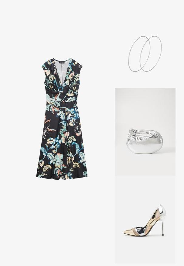 Juodas gėlių raštas su trumpomis rankovėmis, V formos iškirpte ir prigludusia juosmeniu. Turi ryškų gėlių raštą mėlyna, rožine ir balta spalvomis ant matinio audinio.; Aštrus pirštas aukštakulnis batelis su sidabro, aukso ir nuogų spalvų deriniu. Blizgus paviršius su išpjovos dizainu, su stiletto kulnu.; Sidabrinė metalinė maišelio forma su švelnia, apvalia forma ir mazgu užveriamu viršumi. Pagaminta iš lygios dirbtinės odos medžiagos.; Sidabrinės pusmėnulio auskarai minimalistiniu dizainu. Apskritimo forma, lygus paviršius ir plonas profilis. Lengvi su poliruotu apdailu.