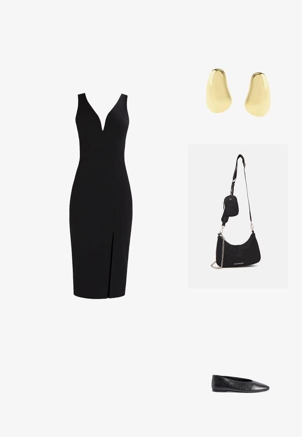 Musta hihaton mekko, syvällä V-kaula-aukolla, vartalonmyötäinen siluetti, polvipituinen ja edessä halkio lisäyksinä. Sileä kangas.; Musta nahkainen ballet-tossu teräväkärkinen, tasapohjainen ja sileäpintainen. Yksinkertainen muotoilu ilman lisävarusteita tai koristeita.; Musta nailon olkalaukku, jossa on kaareva muoto, hopeinen ketjuviimeistely, irrotettava pikkupussi ja säädettävä hihna; sisältää "Steve Madden" -logon.; Epämuotoiset, sileät, kiiltävät kultaiset nappikorvakorut, joissa on epäsäännölliset pyöreät muodot valkoista taustaa vasten.