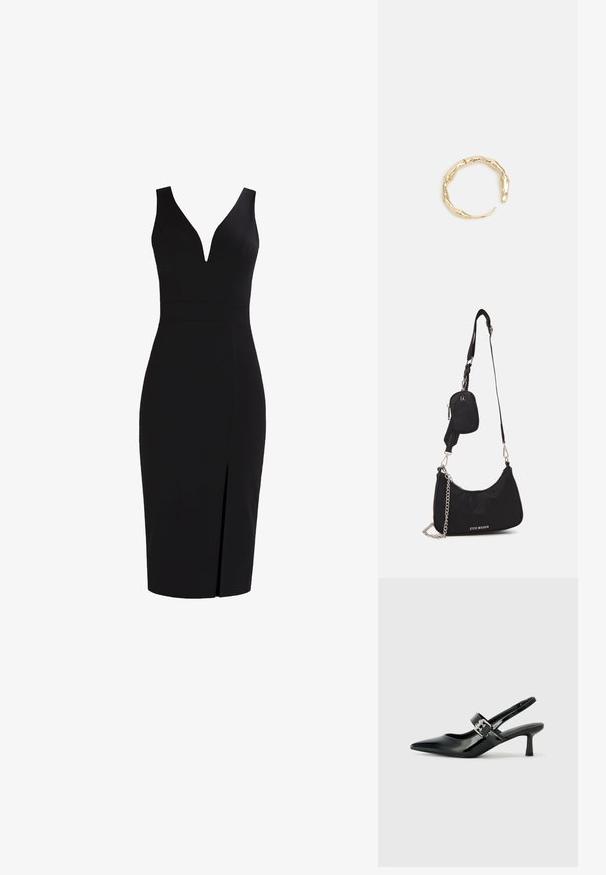 Čierne bezrukávové šaty s hlbokým V-výstrihom, priliehavý strih, na kolená a s predným rozparkom pre väčší detail. Hladká textúra látky.; Čierne patentové kožené sandále na podpätku so špicatou špičkou a malým blokovým podpätkom, s dekoratívnou striebornou sponou na remienku.; Čierna nylonová taška cez rameno so zakriveným tvarom, strieborným reťazovým akcentom, odnímateľnou mini taškou a nastaviteľným popruhom; má logo "Steve Madden".; Prsteň v zlatej farbe s organickým, skrúteným dizajnom, hladkým povrchom a zužujúcimi sa koncami, vytvárajúci moderný, sochársky vzhľad.
