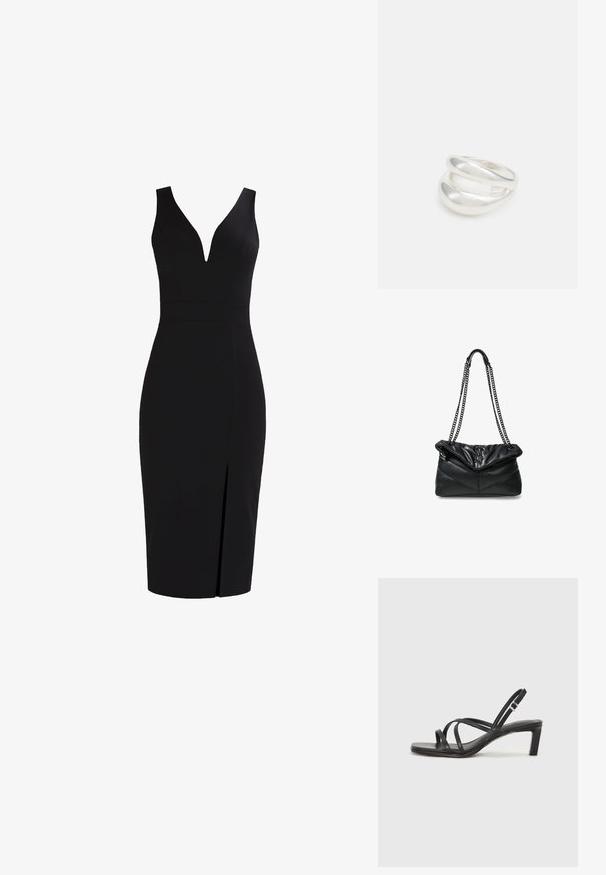 Schwarzes ärmelloses Kleid mit tiefem V-Ausschnitt, figurbetonter Silhouette, knielang und mit einem vorderen Schlitz für zusätzliche Details. Glatte Stofftextur.; Schwarze Sandale mit Riemchen, quadratischer Zehenform und niedrigem Blockabsatz. Verfügt über mehrere dünne Riemen und einen verstellbaren Knöchelriemen. Hergestellt aus glattem Leder.; Steve Madden BBELZ - Umhängetasche - black; Silberner Doppelring mit einer glatten, polierten Oberfläche. Verfügt über ein fließendes, kurviges Design mit überlappenden Abschnitten für einen modernen Look.