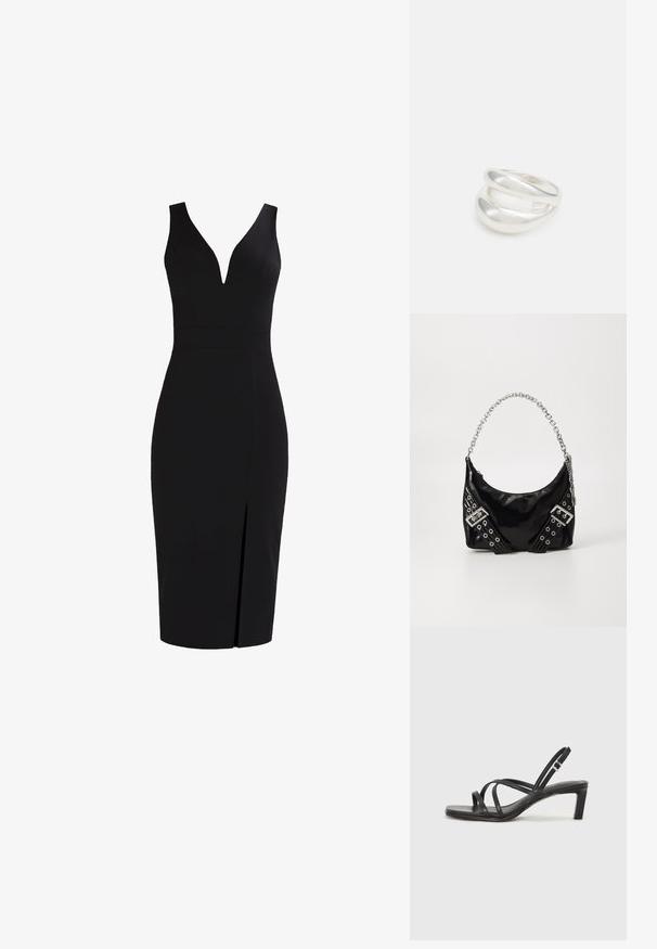 Czarna sukienka bez rękawów z głębokim dekoltem w kształcie V, dopasowany krój, długość do kolan oraz rozcięcie z przodu dla dodatkowego efektu. Gładka tekstura materiału.; Czarne sandały na obcasie z prostokątnym noskiem i niskim słupkowym obcasem. Posiadają wiele cienkich pasków i regulowany pasek na kostkę. Wykonane z gładkiej skóry.; Czarna torebka z lakierowanej skóry z błyszczącą srebrną rączką w postaci łańcucha, z ozdobnymi paskami i metalowymi oczkami. Elegancki, zakrzywiony kształt.; Srebrna obrączka podwójna z gładką, polerowaną powierzchnią. Posiada płynny, zakrzywiony kształt z nakładającymi się sekcjami, co nadaje nowoczesny wygląd.