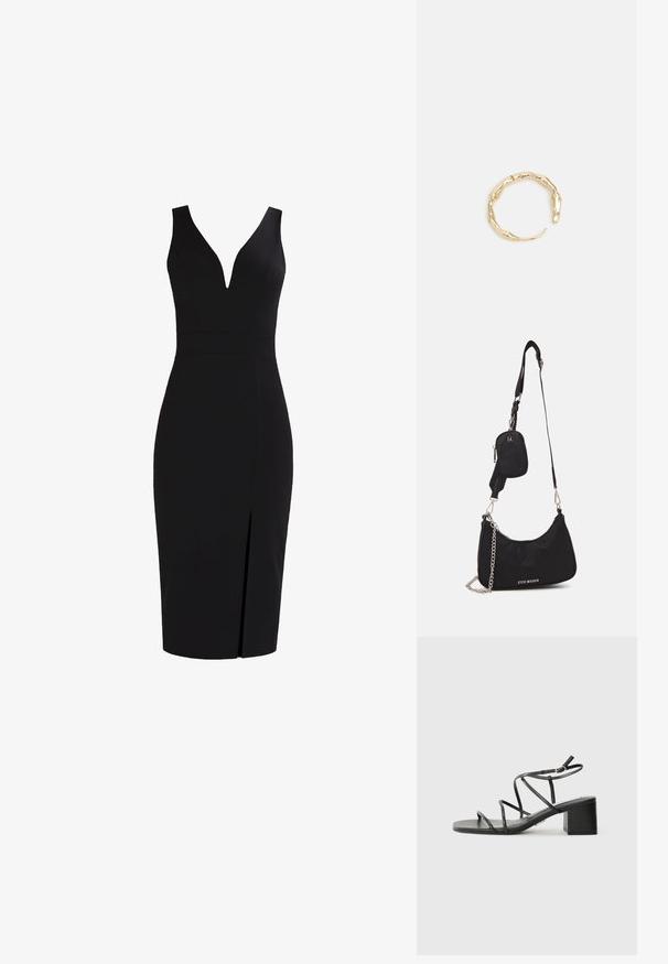 Schwarzes ärmelloses Kleid mit tiefem V-Ausschnitt, figurbetonter Silhouette, knielang und mit einem vorderen Schlitz für zusätzliche Details. Glatte Stofftextur.; Schwarze Riemchensandalen mit quadratischer Spitze und einem breiten Absatz, aus glattem Material gefertigt. Sie verfügen über verstellbare Knöchelriemen und minimalen Beschlag.; Schwarze Nylon-Umhängetasche mit geschwungener Form, silbernem Kettenakzent, abnehmbarem Mini-Pouch und verstellbarem Trageriemen; mit "Steve Madden"-Logo.; Goldfarbener Ring mit einem organischen, gedrehten Design, glatter Oberfläche und sich verjüngenden Enden, was ein modernes, skulpturales Erscheinungsbild erzeugt.