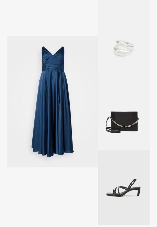 My Mascara Curves Pidulikud riided - airforce; Mustast rihmajalatsid ruudukujulise varba ja madala ploki kontsaga. Omab mitmeid õhukesi rihmasid ja reguleeritavat pahkluu rihma. Valmistatud siledast nahast.; Mustast nahast õlakott, mis omab siledat tekstuuri, ristküliku kuju ning esiküljel metallketi detaili. Reguleeritav rihm on kaasas.; Hõbedane kahekordne rõngas sujuva, poleeritud pinnaga. Omab voolavat, kõverat disaini, millel on kattuvad sektsioonid, et saavutada kaasaegne ilme.