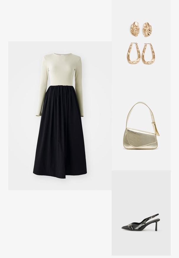YAS YASMIRA  LONG DRESS - Μάξι φόρεμα - birch/black; Μαύρο παπούτσι slingback από πατέντο δέρμα με μυτερή μύτη, λουράκια στον αστράγαλο που διαθέτουν ασημένιες αγκράφες και μεταλλικά στοιχεία, και λεπτό τακούνι.; Χρυσή μεταλλική τσάντα χειρός με δομημένο σχέδιο, λεία υφή και ρυθμιζόμενο λουρί. Διαθέτει μοναδικό τριγωνικό σχήμα και μινιμαλιστική ραφή.; Χρυσά σκουλαρίκια με υφή, κυματιστά σχήματα. Περιλαμβάνουν γλυπτικά κλιπ-σε σκουλαρίκια και σχέδιο ανοιχτού σκουλαρικιού με σφυρήλατη επιφάνεια.