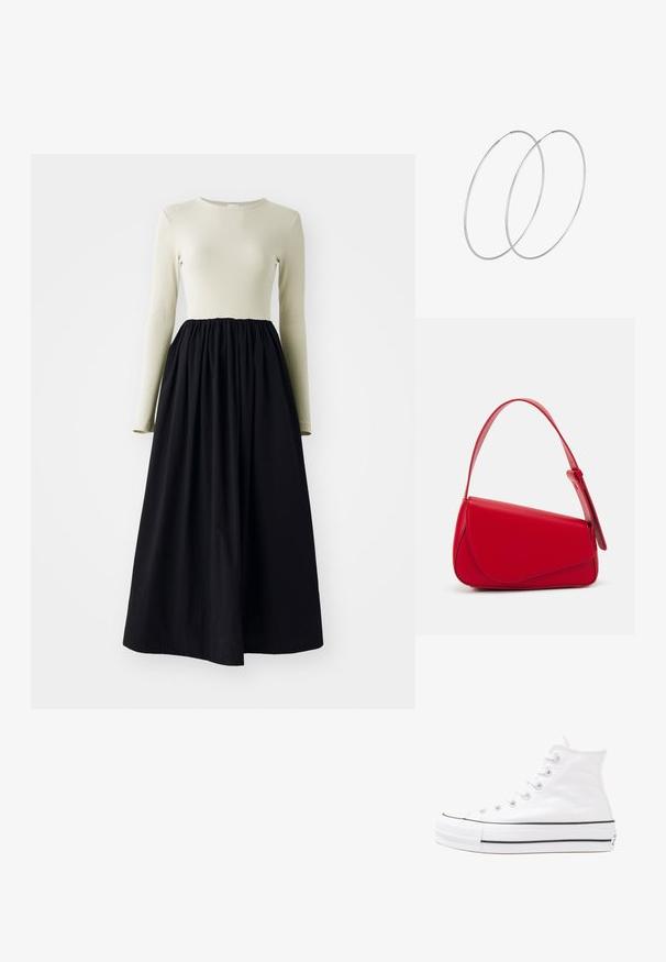 YAS YASMIRA LONG DRESS - Maxiklänning - birch/black; Vit hög topp canvas sneaker med svart gummisulan, framsidan gummitåhätta och sex öglor för snören, med en ren, minimalistisk design.; Röd läderhandväska med en vinkelrät, geometrisk design. Har ett justerbart axelband och en klaffstängning med sydda detaljer.; Silverfärgade hoopörhängen med en minimalistisk design. Cirkulär form, slät yta och tunn profil. Lätta med en polerad finish.