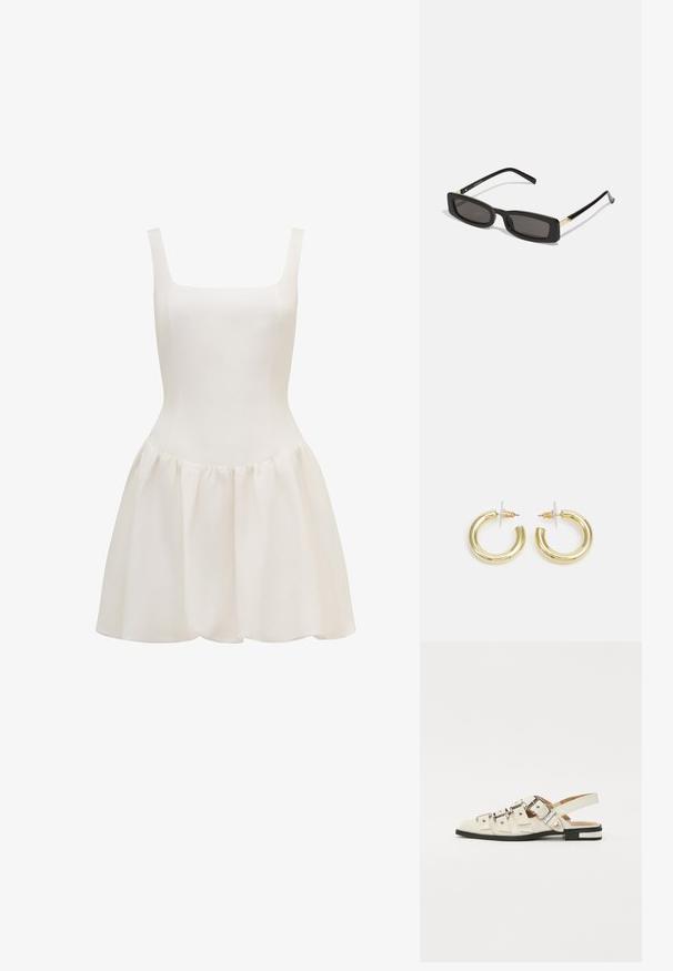 Bela brezrokavna obleka iz lahkotnega materiala, ki ima prilegajoč se korzet in razširjen, nabran krilo z gladko teksturo.; Sandal v slogu z odprtim peto v beli usnjeni obvali z več širokimi trakovi in srebrnimi zaponkami; ravni podplat z majhno črno peto in kovinskimi detajli.; Črne pravokotne sončne očala s temnimi lečami, sijajnim plastičnim okvirjem in zlatimi poudarki na ušesnih delu. Minimalistična zasnova in eleganten oblik.; Zlate uhane v obliki obročkov z gladko, sijočo površino. Krožna zasnova s majhnim nosilcem in prozornim podplatom za varno nošenje.