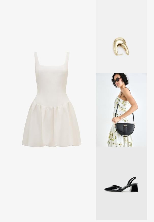 Balta bez Piedurknēm kleita, izgatavota no viegla auduma, ar pieguļošu korpusu un izplestu, savāktu svārku ar gludu tekstūru.; Melna lakota āda ar atvērto papēdi, ar smailu purngalu un ģeometrisku blokpapēdi. Iezīmējas elegants, minimāls dizains un gluda tekstūra.; Melnas ādas rokassoma ar izliekta formu, noņemamu siksnu un zelta aksesuāriem. Somai ir vāciņš ar sprādzes detaļu.; Zeltīti metāla auskari ar gludu, izliekta dizaina. Ar atšķirīgu smailu formu, pulētu virsmu un eņģu aizdari.