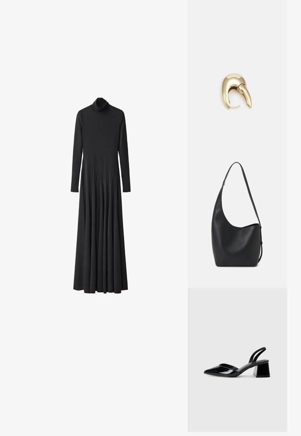 Vestido negro de manga larga con un cuello alto, hecho de una tela suave, con falda acampanada y detalle plisado desde la cintura hacia abajo.; Zapatos de tacón slingback de charol negro con punta afilada y tacón geométrico en bloque. Presentan un diseño elegante y minimalista, así como una textura suave.; Bolso tipo hobo de cuero negro con una textura suave, forma curvada y una sola correa ajustable; presenta una amplia apertura en la parte superior.; Pendiente de metal en tono dorado con un diseño elegante y curvado. Presenta una forma puntiaguda distintiva, superficie pulida y cierre de bisagra.
