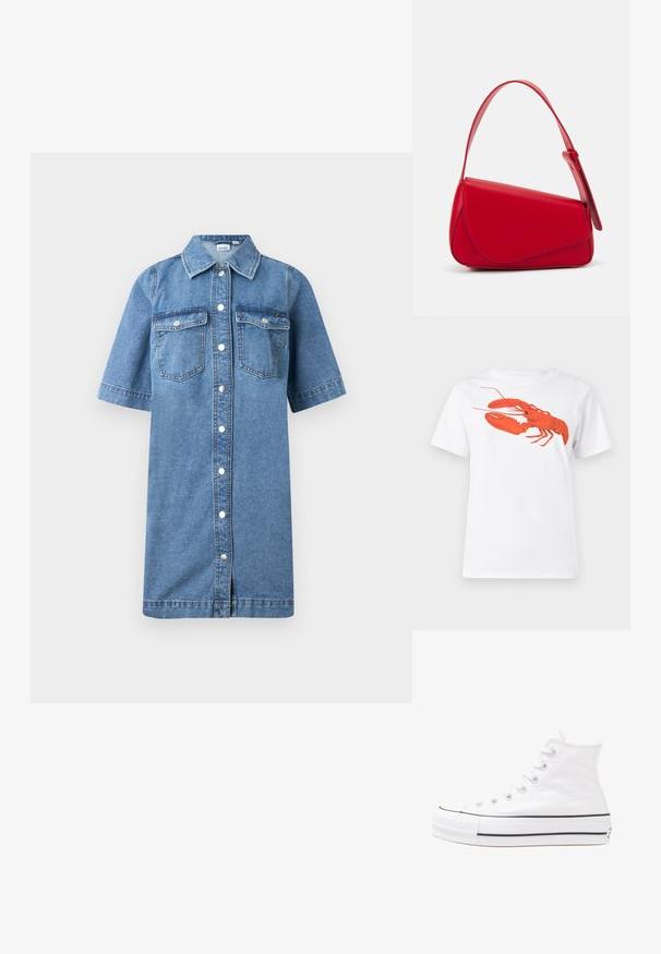 Denim skjortekjole, lys blå farge, korte ermer, knapper foran, to brystlommer, rett snitt og lett utsvingt kant.; Hvit bomull t-skjorte med et stort, lyst rødt hummermotiv på fronten. Korte ermer og standard rund hals-design.; Hvit høy-skinn kanvas sneakers med svart gummisåle, gummitåhette foran og seks hull for snorer, med et rent, minimalistisk design.; Rød lærveske med en vinklet, geometrisk design. Har en enkelt justerbar stropp og en klaffelukking med sydd detaljer.