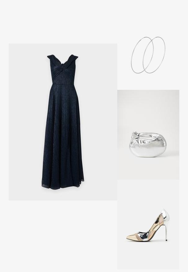 Ilga, be rankovių vakarų suknelė tamsiai mėlyna spalva su sukta bodice dizainu ir plačiomis petnešomis; blizganti medžiagos tekstūra.; Aštrus pirštas aukštakulnis batelis su sidabro, aukso ir nuogų spalvų deriniu. Blizgus paviršius su išpjovos dizainu, su stiletto kulnu.; Sidabrinė metalinė maišelio forma su švelnia, apvalia forma ir mazgu užveriamu viršumi. Pagaminta iš lygios dirbtinės odos medžiagos.; Sidabrinės pusmėnulio auskarai minimalistiniu dizainu. Apskritimo forma, lygus paviršius ir plonas profilis. Lengvi su poliruotu apdailu.