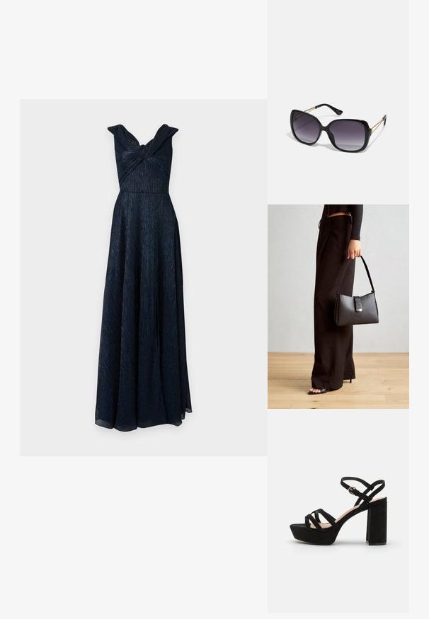 Pikk, ilma varrukat sisaldav õhtukleit tumesinisest värvist, keerutatud rinnaosa disainiga ja laiade õlavarre rihmadega; särav kangas kogu vältel.; Mustadest sametist platvormsandaalid, millel on plokknina, ristuvad rihmad ja lukustatav pahkluu rihm turvaliseks sobivuseks.; Mustad ümarad päikeseglaasid, millel on gradient objektiivid, paksud raamid ja kuldse tooni kettaga kaunistused tempelitel.; Must musta kott, millel on struktureeritud kuju, sile tekstuur ja metallist klamber. Kombineeritud laiate mustade pükstega ja avatud varvaste sandaalidega puidust põrandal.