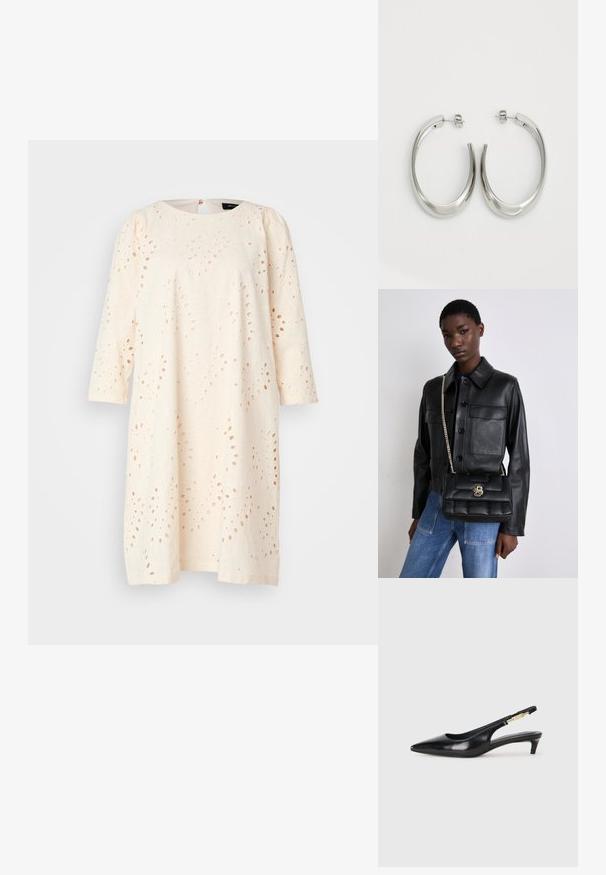 Bruuns Bazaar ARGYREIABBLUZIE DRESS - Dienas kleita - white cream; Melnas ādas slingback zābaki ar smailu purngalu, ar šauru papēdi un zelta krāsas akcentu uz regulējama siksniņas. Gluda tekstūra.; Melnas ādas jaka ar pogu aizdari un divām priekšējām kabatām, kopā ar melnu pufīgu rokassomu ar zelta sprādzi un ķēdes siksnu.; Sudraba riņķveida auskari ar gludu, izliekta dizaina formu. Iezīmējas ar spīdīgu metāla apdari un pievienojamu aizdari. Nav redzamu rakstu vai akcentu.