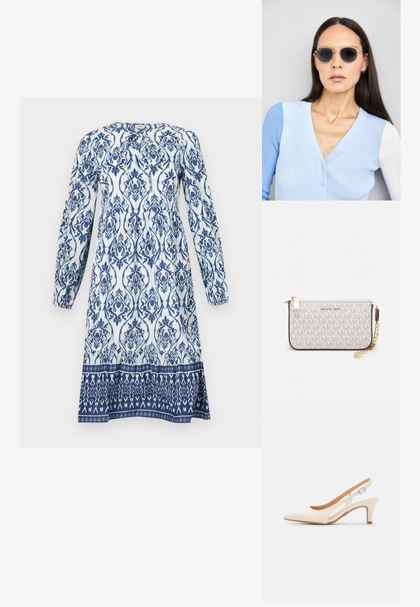 Pitkähihaisen mekon valkoinen pohja, jossa on sinisiä ja teal-värisiä kukkakuoseja. Rypytetty yläosa ja kontrastivärinen koristeltu helma.; Valkoinen slingback-korkokenkä, jossa on terävä kärki, sileä päällismateriaali, matala lohkokorko ja sivuaukko-design säädettävällä soljella.; Pyöreät aurinkolasit, joissa on tummat linssit ja kultaiset kehykset. Mallilla on päällään vaaleansininen, ribatusta materiaalista valmistettu neuletakki, jossa on napit ja kontrastiväriset valkoiset hihat.; Michael Kors kääröbeige pinnoitettua kangasta, jossa on toistuva MK-logo -kuvio, kultaiset yksityiskohdat ja irrotettava ketjuhihna.