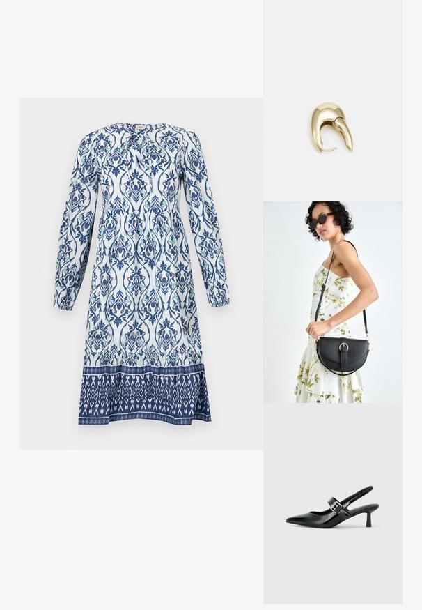 Ilga rankovė suknelė, kurios pagrindas baltas, o puošyba - mėlynos ir žalsvos gėlės. Suknelės liemuo raukšlėtas, o apatinė dalis - kontrastinga su raštu.; Juodai lakuoti slingback aukštakulniai su smailiu kojų pirštu ir mažais blokiniais kulniukais, su sidabro sagtimi ant dirželio.; Juodas odinis krepšys su išlenkta forma, nuimamu dirželiu ir auksiniais detalėmis. Krepšys turi kilpą su sagtimi.; Aukso tono metalinės auskarai su stilingu, kreiviu dizainu. Išsiskiria ryškiu smailiu pavidalu, poliruota paviršiumi ir užsegimu su vyriu.