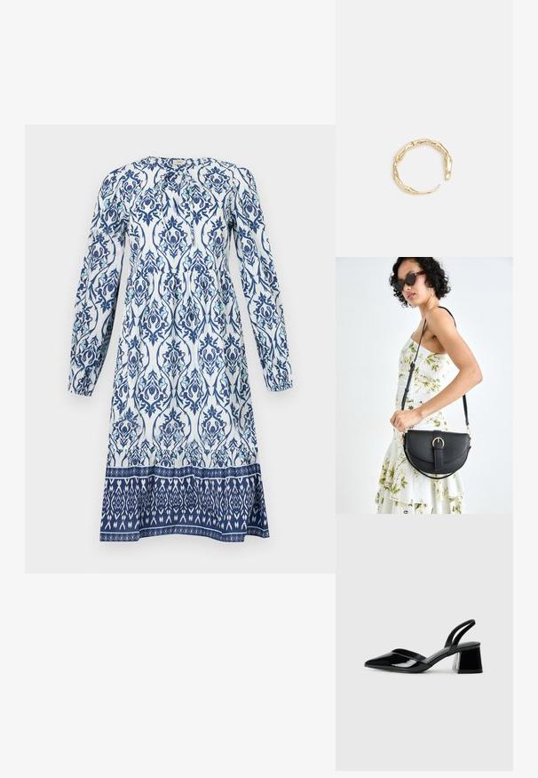 Ilga rankovė suknelė, kurios pagrindas baltas, o puošyba - mėlynos ir žalsvos gėlės. Suknelės liemuo raukšlėtas, o apatinė dalis - kontrastinga su raštu.; Juodos lakuotos odinės šlepetės su smailiu pirštu ir geometriniu bloko kulnu. Turi elegantišką, minimalistinį dizainą ir lygų paviršių.; Juodas odinis krepšys su išlenkta forma, nuimamu dirželiu ir auksiniais detalėmis. Krepšys turi kilpą su sagtimi.; Auksinės spalvos žiedas, turintis organišką, sukimosi dizainą su lygiu paviršiumi ir siaurėjančiais galais, sukuriantis modernią skulptūrinę išvaizdą.