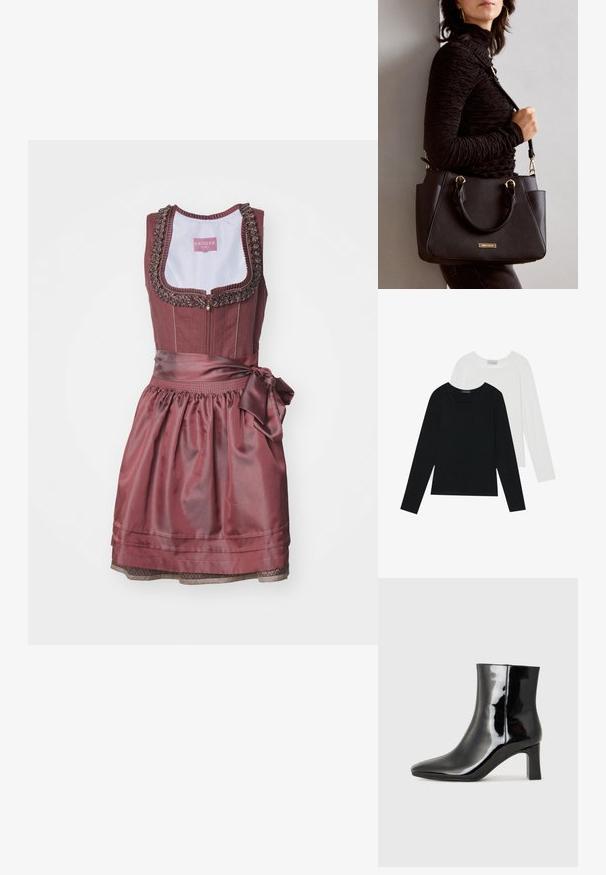 Krüger Dirndl Dirndl - rost; Two long-sleeve tops, one black and one white, both featuring a square neckline and made from soft, stretchy fabric.; Black patent leather ankle boot with a pointed toe and a mid-height block heel. Smooth texture and minimalist design.; Black handbag with textured surface, dual top handles, and adjustable shoulder strap. Features gold-tone hardware and side pockets.