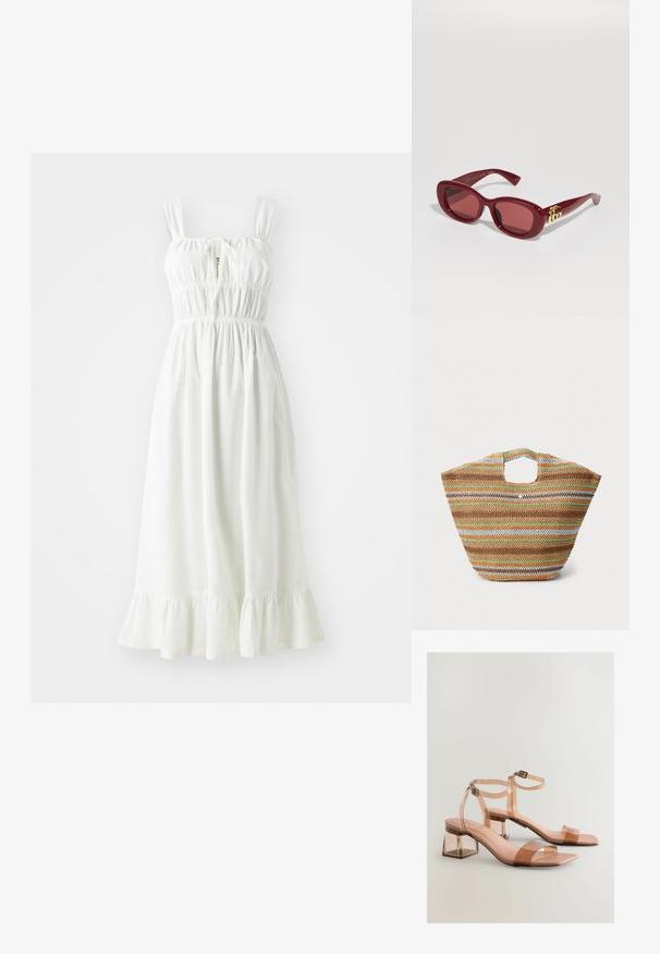 Valge linane kleit kogutud kehaosa, reguleeritavate rihmade ja volangservaga. Esifaasil on võtmeaugu detail.; Läbipaistvad plokknõelad nudes värvi rihmadega, ruudukujuliste varvaste ja reguleeritavate pahkluu lukustustega; sile tekstuur ja läikiv viimistlus.; Punased plastist prillid ristkülikukujuliste raamidega, toonitatud läätsed ja kuldne logo aktsent päikeseprillide templitel. Sile, läikiv viimistlus.; Kootud heinast kott, millel on mitmevärvilised triibud pruuni, rohelise, oranži ja sinise värviga. Omab lamedat kuju ja kahte käepidet. Kerge disain.