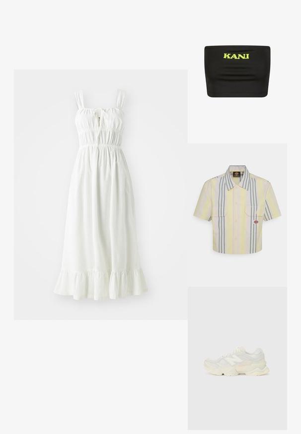 Robe en lin blanc avec un corsage froncé, des bretelles ajustables et un ourlet à volants. Elle présente un détail en trou de serrure à l'avant.; Chemise à manches courtes, coupée, de couleur jaune clair avec des rayures verticales vertes et pastel. Elle possède deux poches sur la poitrine et un patch logo sur la poche gauche.; Top noir sans bretelles en tissu extensible avec un grand logo néon jaune "KANI" au centre. Texture lisse avec des coutures minimales.; Sneaker léger avec une tige en maille et en daim dans des teintes crèmes douces, doté d'une semelle épaisse et d'accents tridimensionnels.