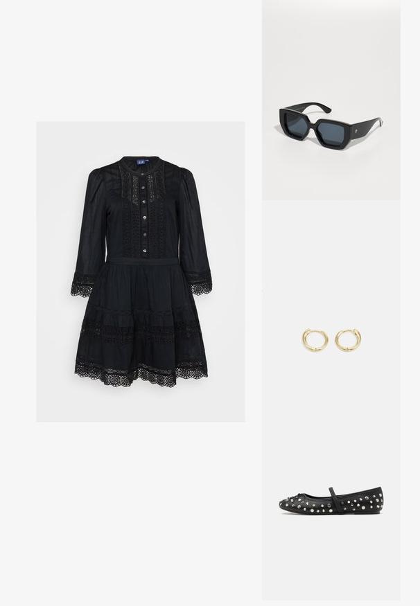 Čierne šaty z ľahkého materiálu, s gombíkovou prednou časťou, dlhými rukávmi, čipkovými detailami a viacúrovňovou sukňou so zúbkovaným lemom.; Klasické čierne baletky z kože, ozdobené striebornými klincami. Obsahujú pracku cez priehlavok a majú zaoblený tvar špičky.; Čierne nadrozmerné slnečné okuliare s geometrickým vzorom, obdĺžnikové šošovky a lesklý povrch. Na prednej strane nie sú viditeľné žiadne značky.; Zlaté kruhové náušnice s hladkým, zaobleným dizajnom. Obsahujú malý uzáver s pántom, ľahký vzhľad a lesklý povrch.