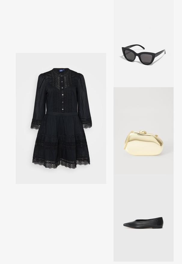 Rochie neagră dintr-un material ușor, cu un decolteu butonat, mâneci lungi, detalii din dantelă și o fustă cu volane și margine zimțată.; Balerini din piele neagră, vârf ascuțit, design minimalist, textură netedă, toc de mică înălțime, fără hardware sau embellishments vizibile.; Ochelari de soare negri, forma cat-eye, cu un finisaj mat, având lentile gri și unghiuri ascuțite, precum și brațe laterale elegante. Numele brandului este vizibil pe brațul interior.; Clutch metalizat de culoare aurie, cu o formă netedă și rotundă, având un închizător tip buton în partea de sus și o curea mică pentru purtare.